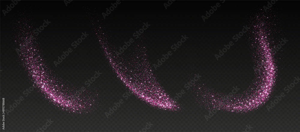 Pink glitter splashes, shiny star dust explosion, shimmer spray effect, festive holiday particles isolated on a dark background. Vector illustration.