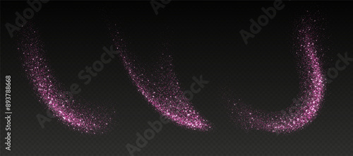 Obraz na płótnie Pink glitter splashes, shiny star dust explosion, shimmer spray effect, festive holiday particles isolated on a dark background. Vector illustration. w salonie