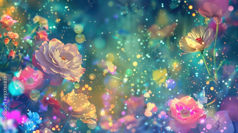 A whimsical flower background, featuring a fantasy garden with magical blooms like rainbow roses and celestial flowers, glowing with mystical light. A whimsical flower background, featuring a fantasy garden with magical blooms like rainbow roses and celestial flowers, glowing with mystical light.