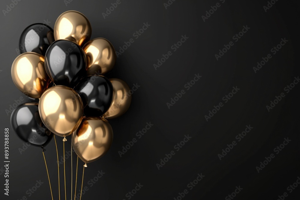 Shiny gold and black color balloons with helium on black background. Shiny gold and black color balloons with helium on black background.
