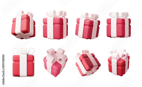 3D gift box set isolated. Render collection of colorful wrapped box. Christmas, new year, sale, shopping. Present box with bows ribbons. Giftbox for valentine, birthday, holiday. Vector illustration