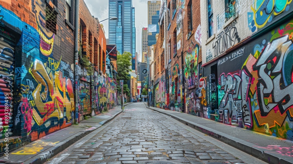 Fototapeta premium Urban Canvas Colorful Graffiti Murals Transforming the Cityscape into a Vibrant Street Art Scene