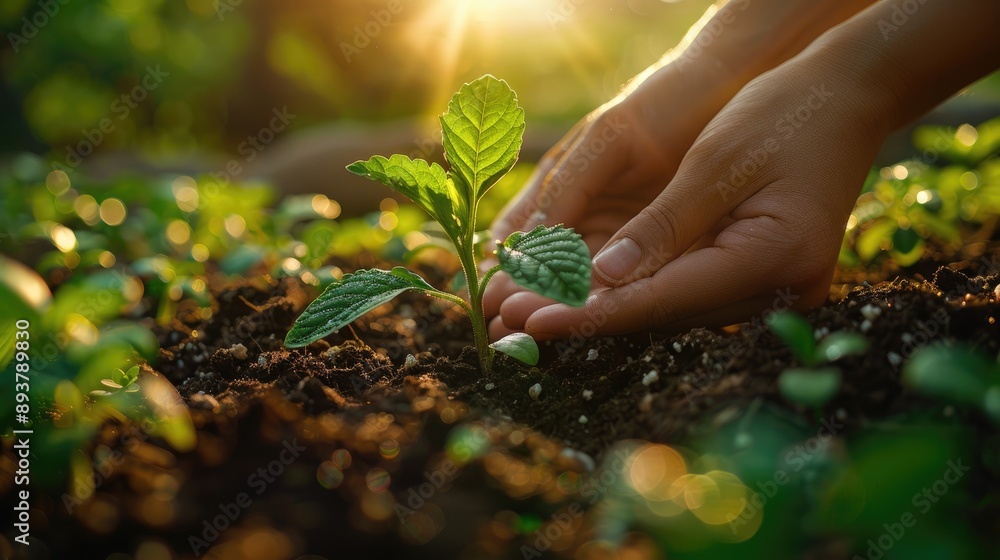 Fototapeta premium Close-up of hands nurturing a young plant in soil with sunlight in the background, symbolizing growth, care, and the environment.