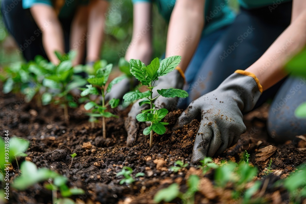 Naklejka premium Close-up of people planting seedlings in garden soil, wearing gloves, teamwork and environmental sustainability concept.