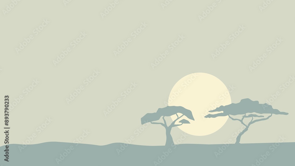 savanna in Kenya, Africa with acacia trees and sunset vector illustration