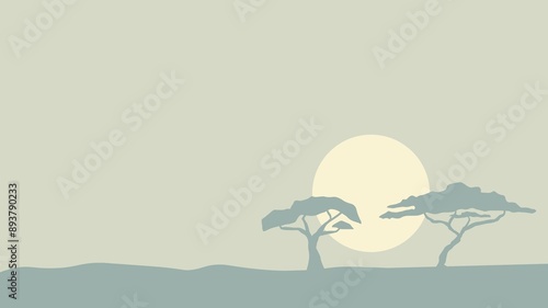 savanna in Kenya, Africa with acacia trees and sunset vector illustration