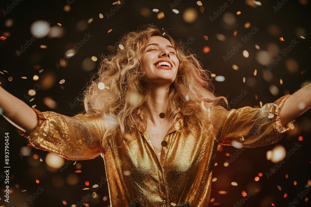 Amidst a shower of gold glitter, a joyful woman exudes happiness and celebration, radiating warmth and joy, creating a sense of jubilation and exuberance with her vibrant and radiant energy Amidst a shower of gold glitter, a joyful woman exudes happiness and celebration, radiating warmth and joy, creating a sense of jubilation and exuberance with her vibrant and radiant energy