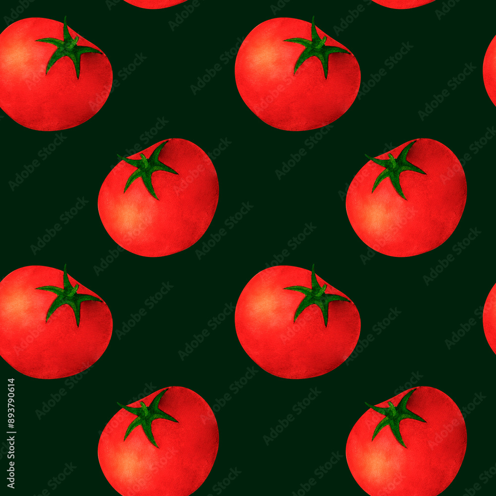 Red tomato, watercolor seamless pattern, on green background. For prints on textile and paper, clothes, plates and dishes design, decoration for kitchen, restaurant menus, recipes, cookbook Red tomato, watercolor seamless pattern, on green background. For prints on textile and paper, clothes, plates and dishes design, decoration for kitchen, restaurant menus, recipes, cookbook