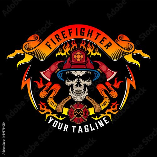 firefighter logo. skull element wearing a helmet on the head with crossed axs, firefighter vector design