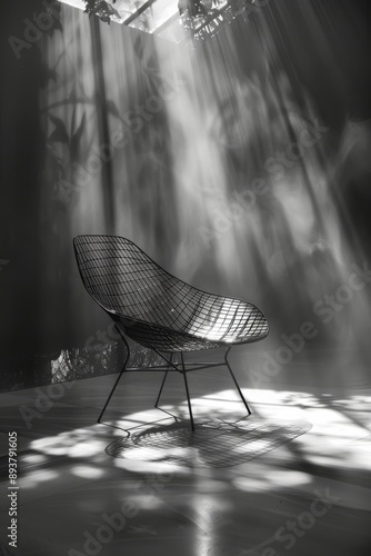 A black and white image of a chair in the rainforest. photo