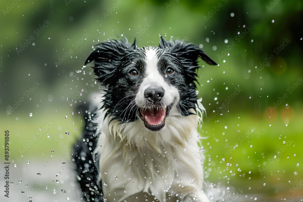 Fototapeta premium Wet border collie dog is running, water is dripping
