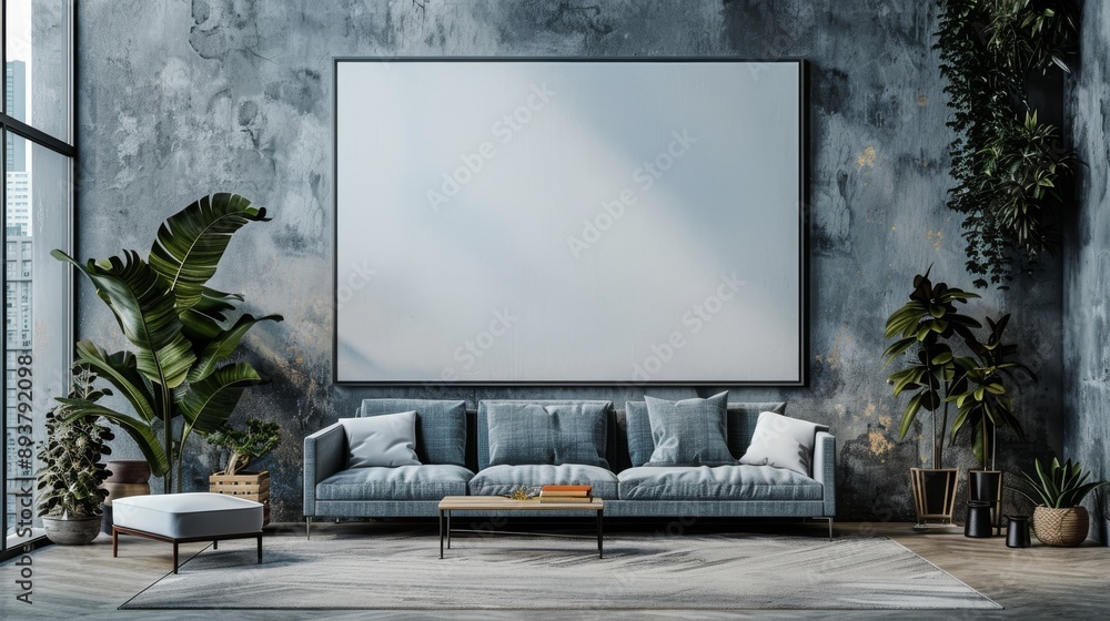 A Modern Living Room with a Large Blank Canvas and Lush Greenery A Modern Living Room with a Large Blank Canvas and Lush Greenery