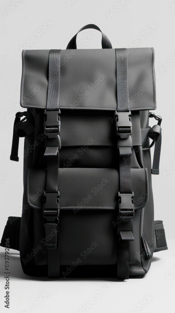 Naklejka premium Black backpack with multiple straps and buckles front view.