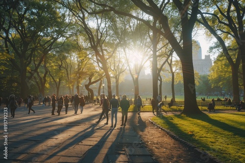 A photo of people walking in Central Park, New York City with the sun shining through the trees in springtime Generative AI