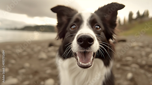 portrait of cute adorable border collie dog looking at his owner  close-up to doggy face  outdoor background   black & white photo © MonkaLemonka