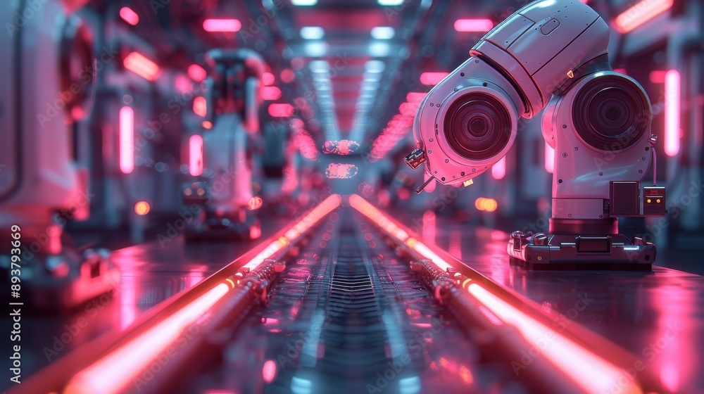 A neon-infused futuristic AI factory with robotic arms and automated assembly lines, emphasizing advanced manufacturing technology A neon-infused futuristic AI factory with robotic arms and automated assembly lines, emphasizing advanced manufacturing technology