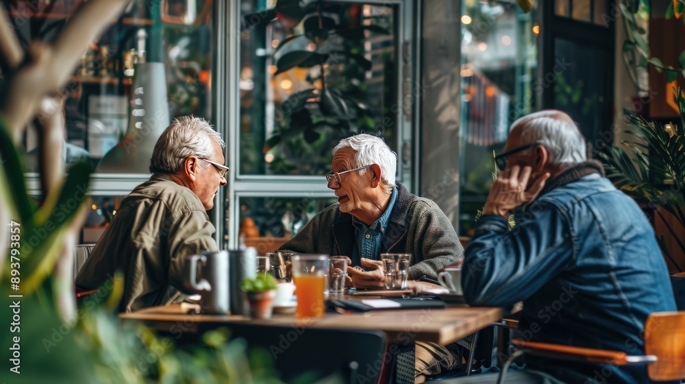 A group of retired friends discussing investment strategies over coffee, sharing insights and experiences to empower each other financially. A group of retired friends discussing investment strategies over coffee, sharing insights and experiences to empower each other financially.