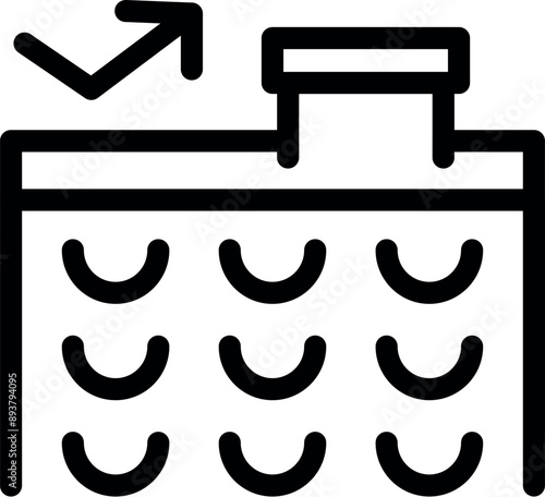 Line art icon of an airport baggage claim point with a conveyor belt carrying luggage and a bench for waiting passengers