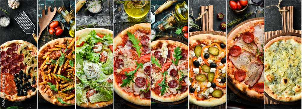 Photo collage. Pizza and various assortments of pizza, photo banner. Photo collage. Pizza and various assortments of pizza, photo banner.