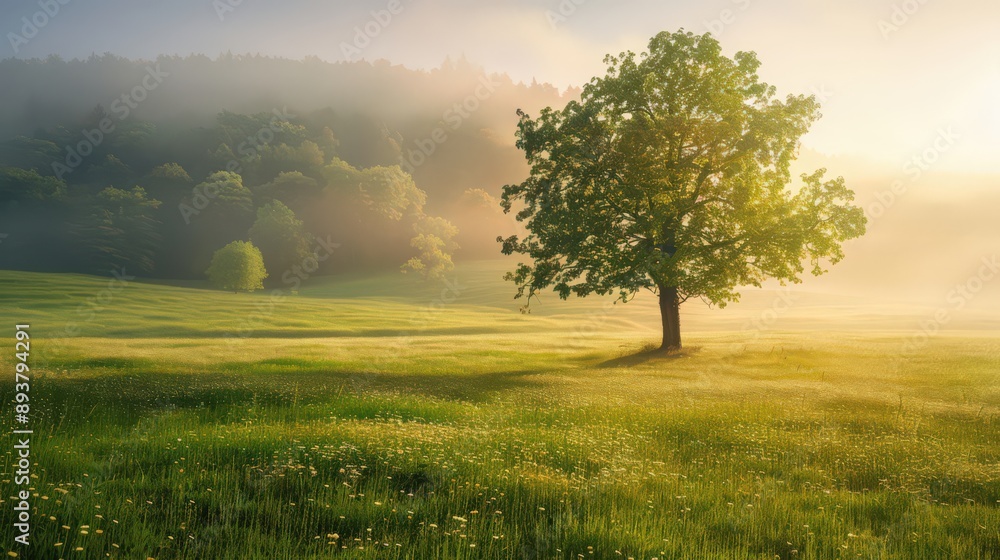 harmony of nature with a lone tree in a field of fresh green grass, bathed in the soft glow of early morning sunlight harmony of nature with a lone tree in a field of fresh green grass, bathed in the soft glow of early morning sunlight