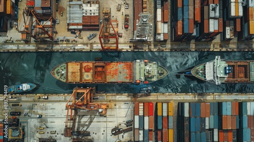 Wallpaper Mural industrial complexity of a shipping port, with cargo ships and cranes amidst a network of docks and warehouses, in a detailed bird's eye scene Torontodigital.ca