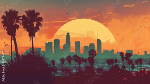 Illustrate the Los Angeles skyline with a vintage filter, giving the scene a nostalgic feel.