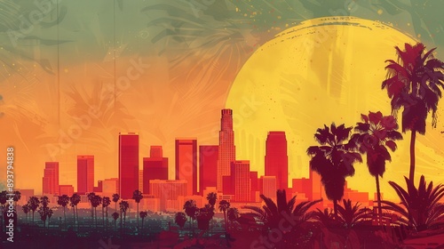Illustrate the Los Angeles skyline with a vintage filter, giving the scene a nostalgic feel.