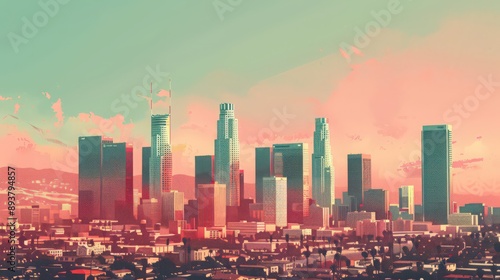 Illustrate the Los Angeles skyline with a vintage filter, giving the scene a nostalgic feel.