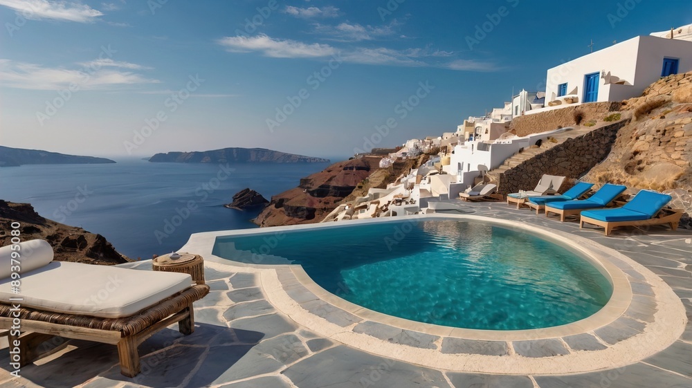 Fototapeta premium Santorini Infinity Pools Capture the luxurious infinity pools of Santorini overlooking the Aegean Sea. 