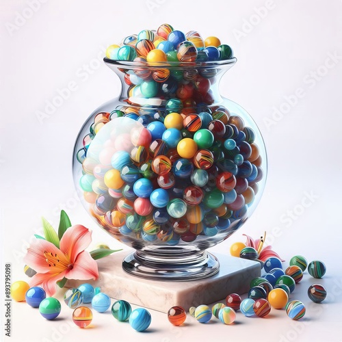 151 41. A clear glass vase filled with colorful marbles, isolate photo