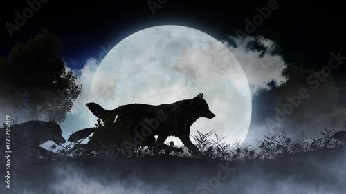Wolf Pack Full Moon Howl 4K Loop features silhouettes of wolves running through a field of grass and fog with one wolf stopping to howl at a full moon in a loop.