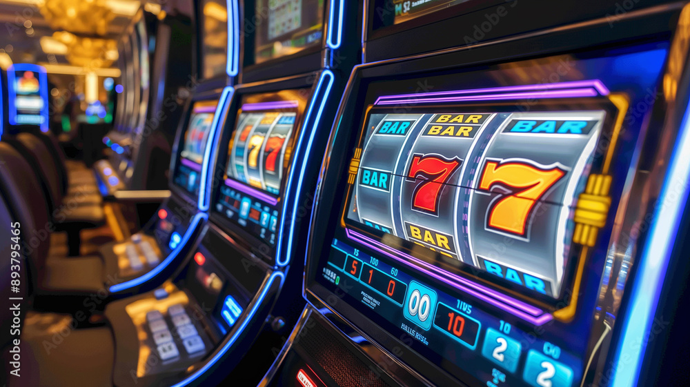 Illuminated Slot Machines in a Casino Illuminated Slot Machines in a Casino