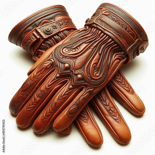 160 41. A pair of vintage leather gloves with intricate stitchin photo