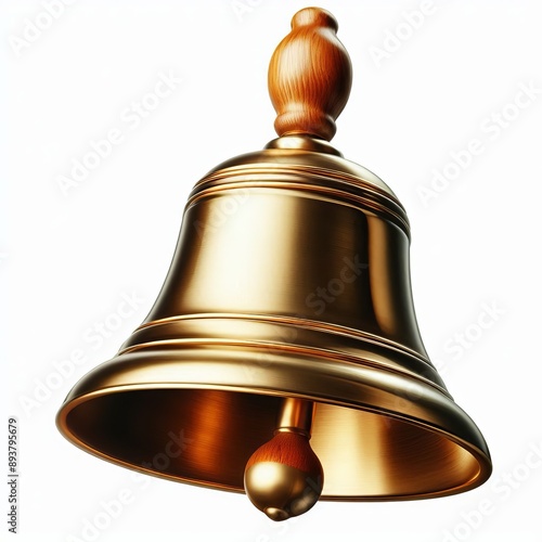 165 41. A shiny brass bell with a wooden handle, isolated on whi photo