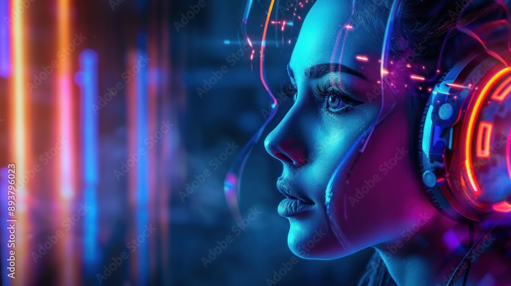 Neon headphones with vibrant futuristic background scene. Neon headphones with vibrant futuristic background scene.
