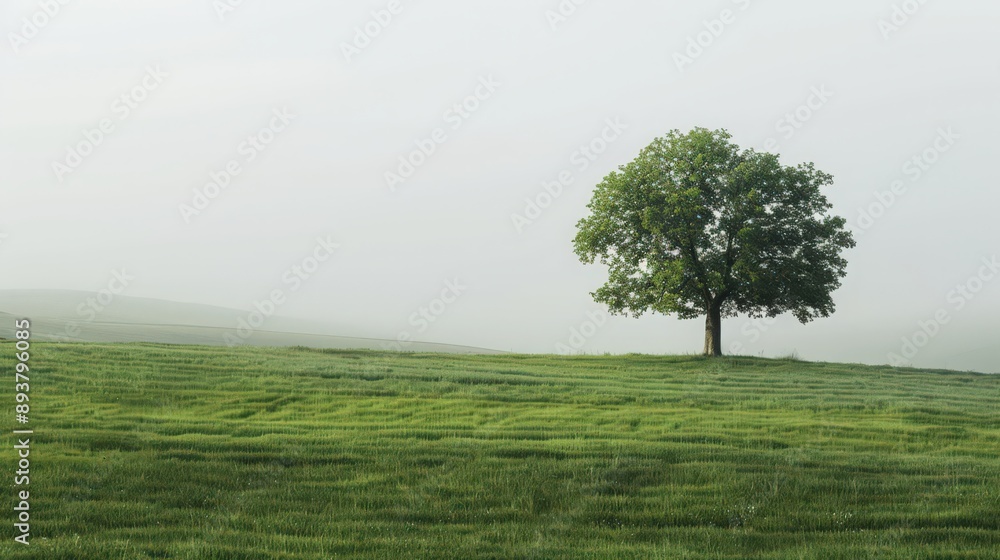 Fototapeta premium beauty of nature with a solitary tree standing in a serene meadow of green grass, reflecting the peacefulness of the countryside.