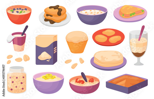 Oatmeal breakfast. Oat flakes box, porridge with berries and fruits. Plant milk pancakes muffin and pita with salmon. Healthy food neoteric vector set