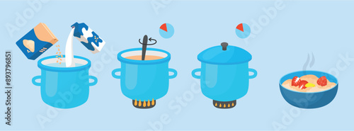 Porridge recipe. Oat flakes grains preparation with milk for breakfast. Quick tasty healthy food for adults and children. Oatmeal cooking neoteric vector steps