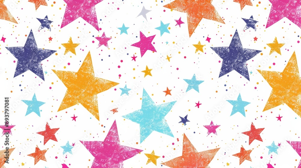 Pattern with colourful stars on isolate white background for wallpaper design. Children's background flat seamless illustration. Fabric design pattern. Pattern with colourful stars on isolate white background for wallpaper design. Children's background flat seamless illustration. Fabric design pattern.