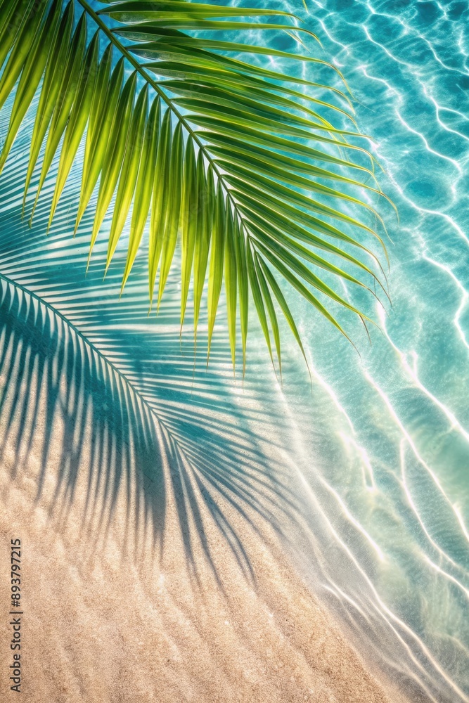 Sunlit palm leaves casting shadows on sand. Sunlit palm leaves casting shadows on sand.
