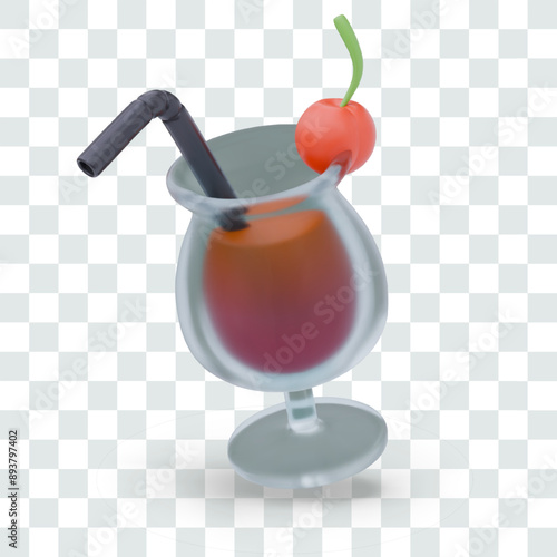 Glass with cocktail, straw, cherry. Cooling drink for relaxation. Isolated realistic template