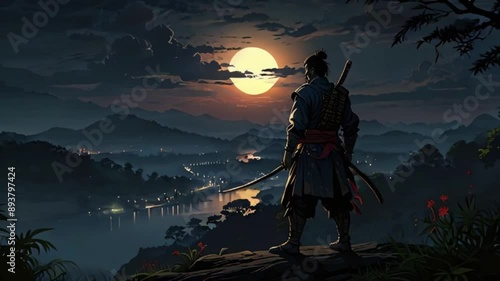Samurai ronin stands tall on a hill with a view of the city at night with a full moon. Seamless looping 4k video animation