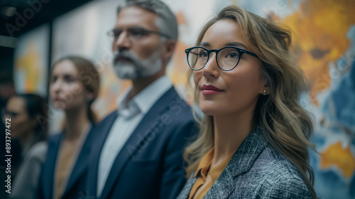 Art Connoisseur's Gaze: A young woman, her intelligence radiating through her stylish eyeglasses, contemplates a masterpiece in a modern art gallery, surrounded by fellow art enthusiasts.  © CreativeIMGIdeas