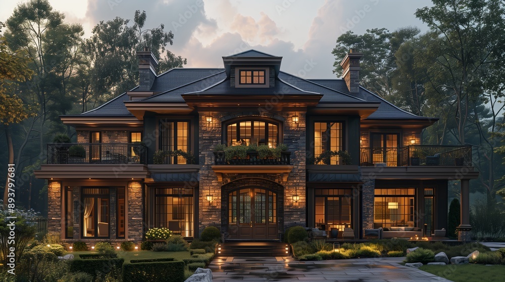 Modern Stone Mansion With Warm Lighting At Dusk Modern Stone Mansion With Warm Lighting At Dusk
