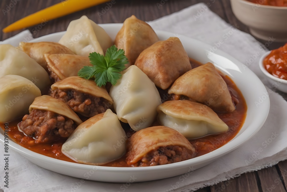Chuchvara - Uzbek dumplings made from minced meat in tomato sauce with vegetables. Central Asian cuisine. Chuchvara - Uzbek dumplings made from minced meat in tomato sauce with vegetables. Central Asian cuisine.