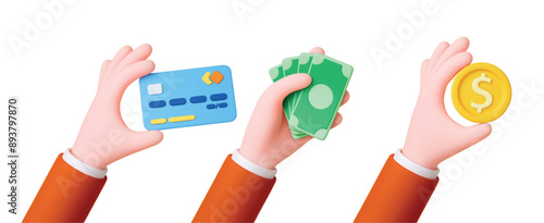 Hands 3d holding money. Dollar banknotes, coin and credit bank card. Businessman or investor, cash back payment. Finance render pithy vector elements