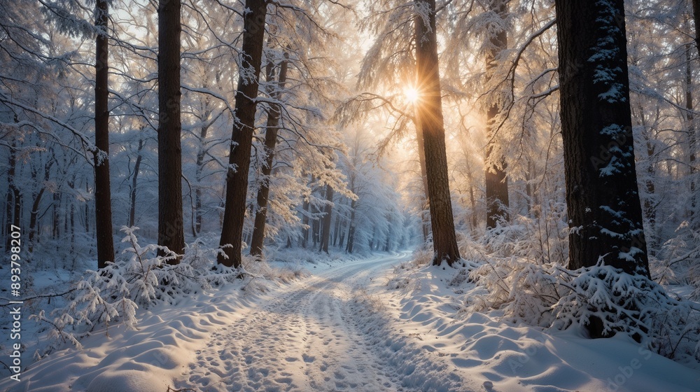 Winter Wonderland: Sunlit Snowy Forest Path and Frosty Trees Winter Wonderland: Sunlit Snowy Forest Path and Frosty Trees