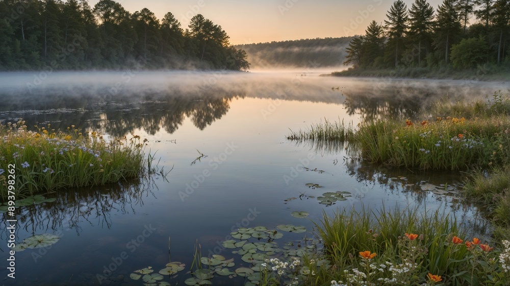 Fototapeta premium Morning Mist Over Tranquil Lake: Reflections, Wildflowers, and Serene Forest