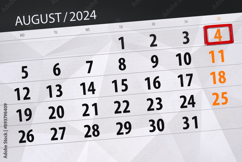 Fototapeta premium Calendar 2024, deadline, day, month, page, organizer, date, August, sunday, number 4