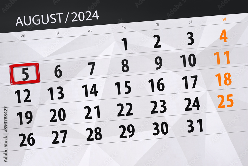 Obraz premium Calendar 2024, deadline, day, month, page, organizer, date, August, monday, number 5
